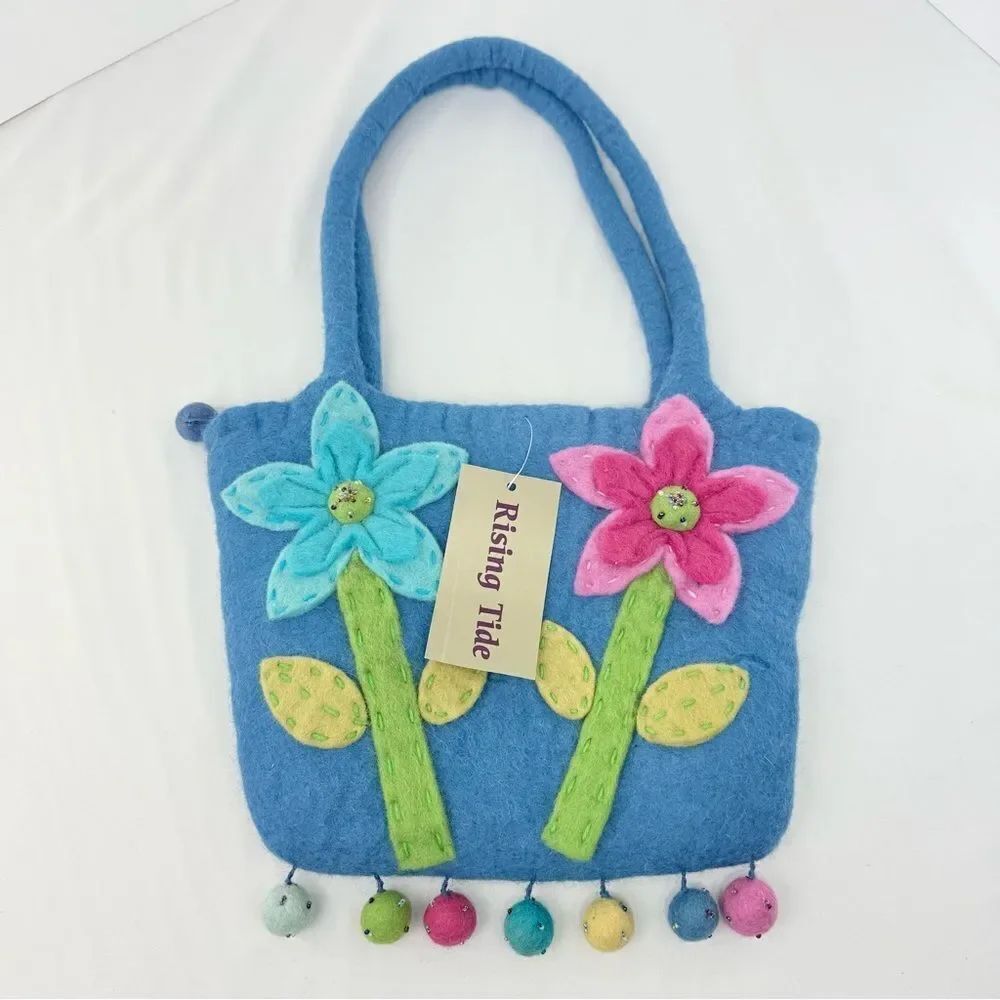 Rising Tide Blue 100% Felted Sheep Wool Flower Appliqué Double Handle Bag NEW